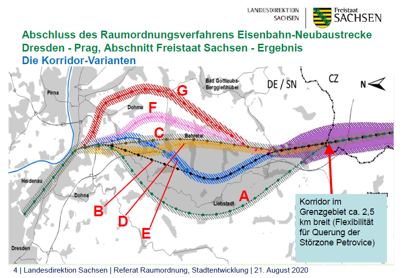 Landesdirektion Sachsen – Abschluss des Raumordnungsverfahrensverfahrens Eisenbahn-Neubaustrecke Dresden-Prag, Abschnitt Freistaat Sachsen – Ergebnis, Grafik "Die Korridor-Varianten"