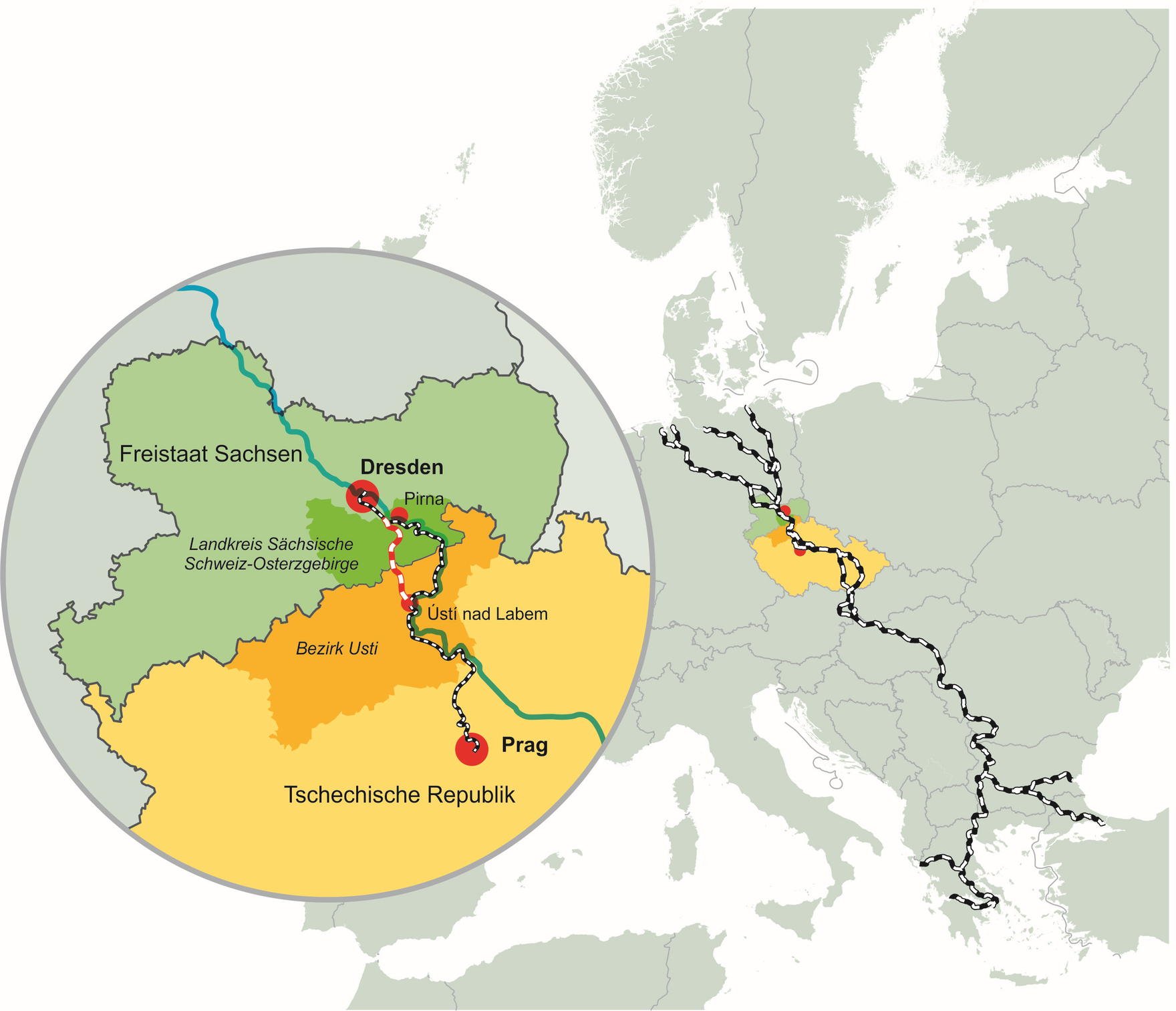 Kartenausschnitt der Verbindung Dresden-Prag über Usti nad Labem