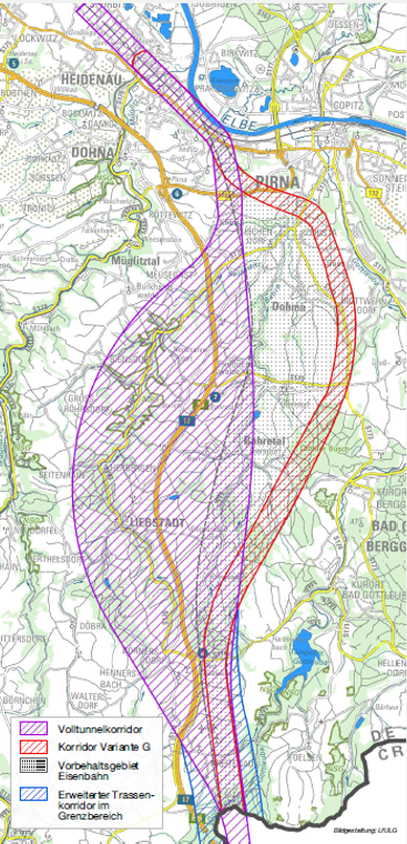 Topographische Karte mit Darstellung der Untersuchungskorridore des Raumordnungsverfahrens