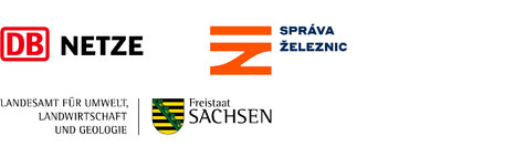 Logos der Partner des EVTZ: DB Netze, Správa železnic und Landesamt für Umwelt, Landwirtschaft und Geologie