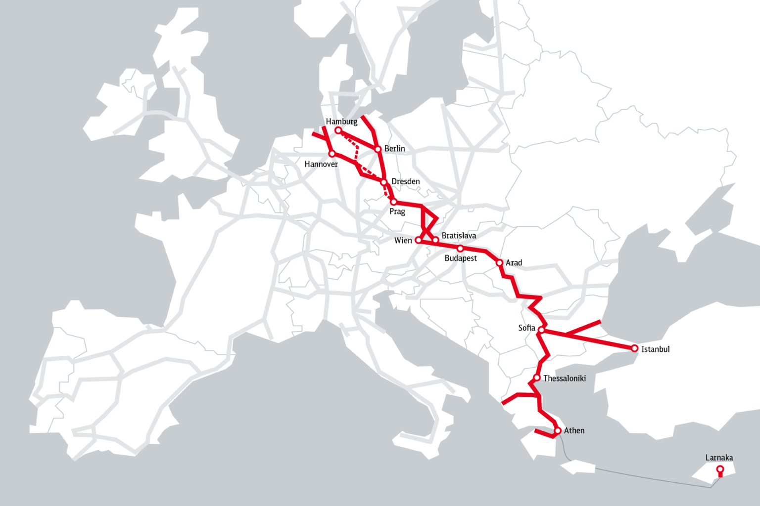 Übersicht des Kernnetzkorridors »Orient/Östliches Mittelmeer« (Orient/East-Med)